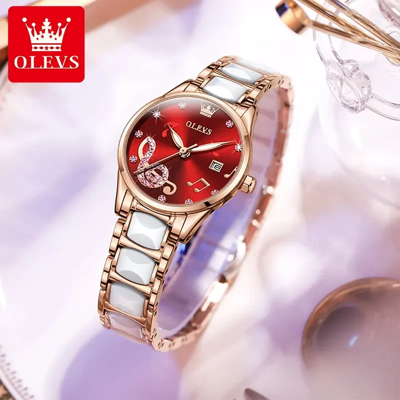 Olevs Rhinestone Red Dial Ceramic Strap Ladies Watch | 3605